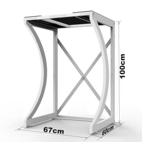 White metal side table with black top surface, shown with dimension labels indicating 100cm height, 67cm width, and 60cm depth on a light gray background.