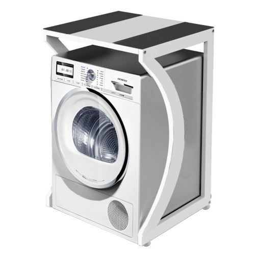 A white Samsung front-loading washing machine shown inside a white and black protective cabinet or enclosure on a plain white background.