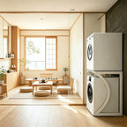 A compact stacked washer and dryer unit in white with black circular drum openings, positioned against a dark gray wall in a bright, modern Japanese-style room with light wood floors and low wooden tables.