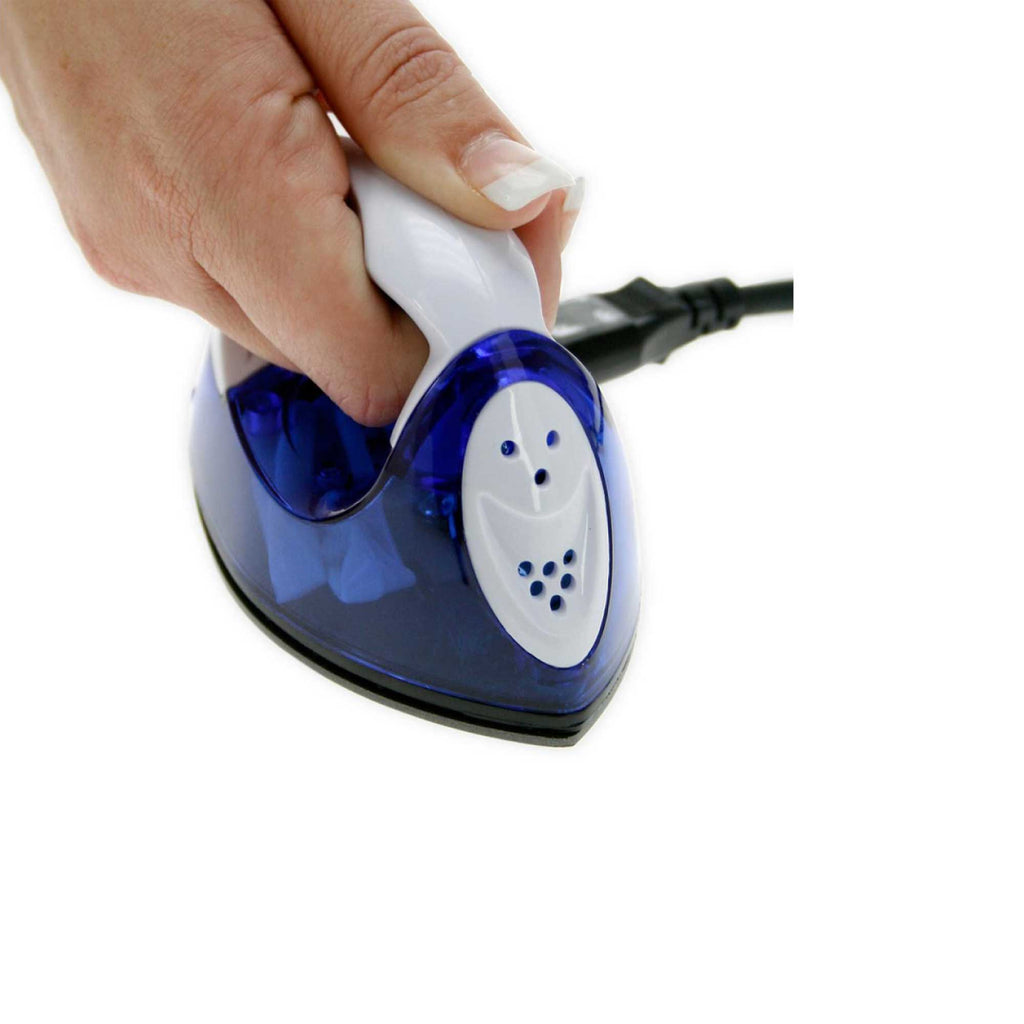 Hand holding a blue and white handheld steamer on a white background

Details
