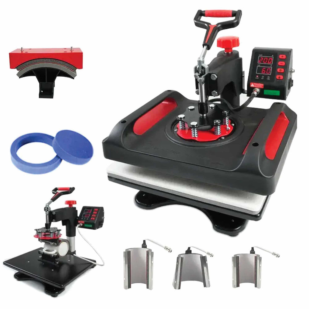 Heat press machine with accessories on a white background