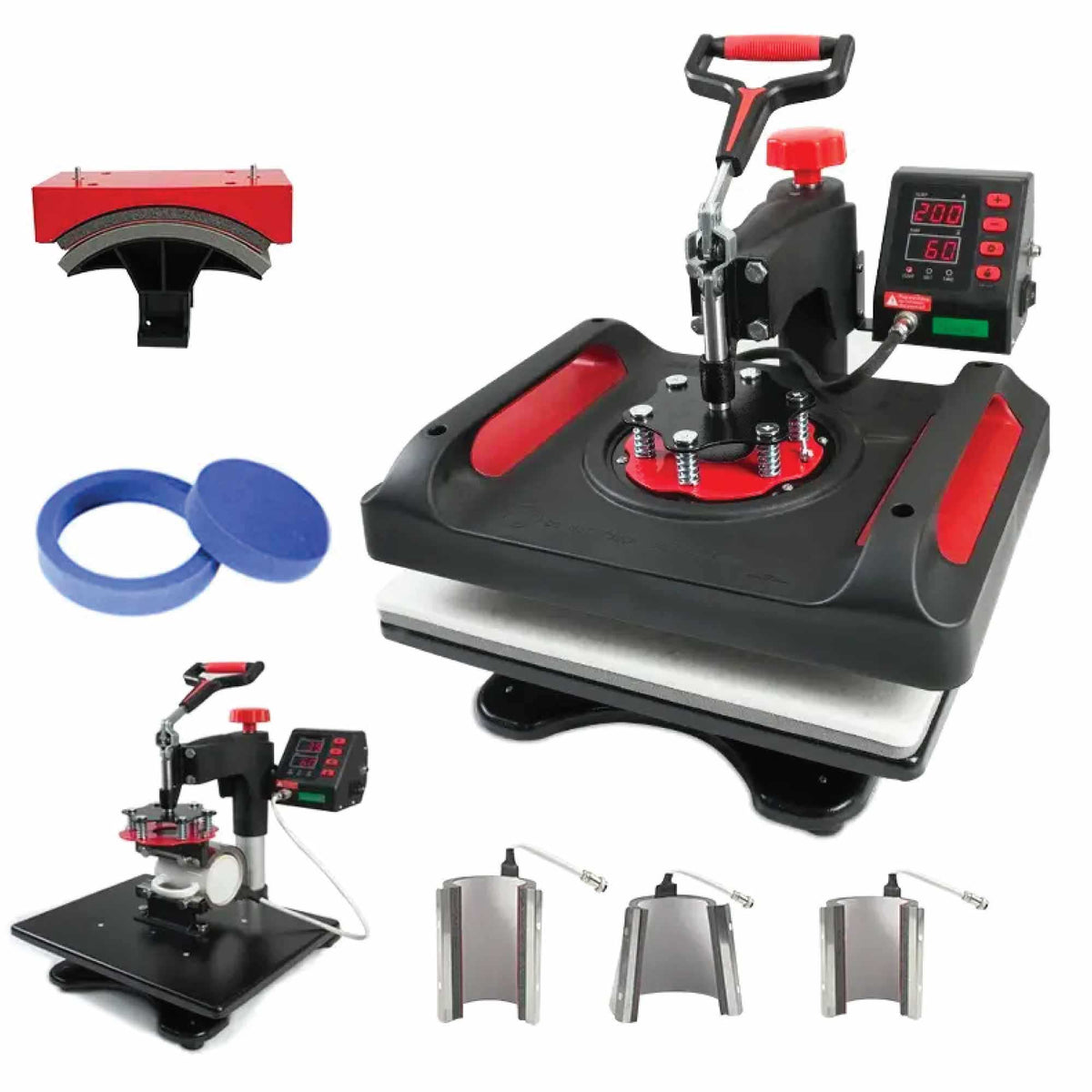 Heat press machine with accessories on a white background