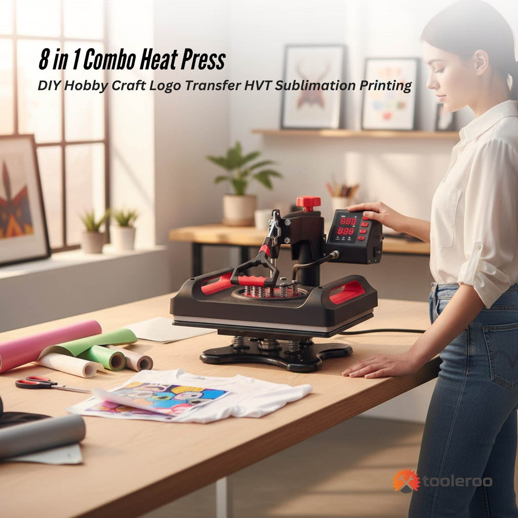 Woman using a 8 in 1 Combo Heat Press in a home office setting with tools and materials around