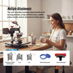 Woman using a heat press machine in a kitchen setting with product attachments displayed.