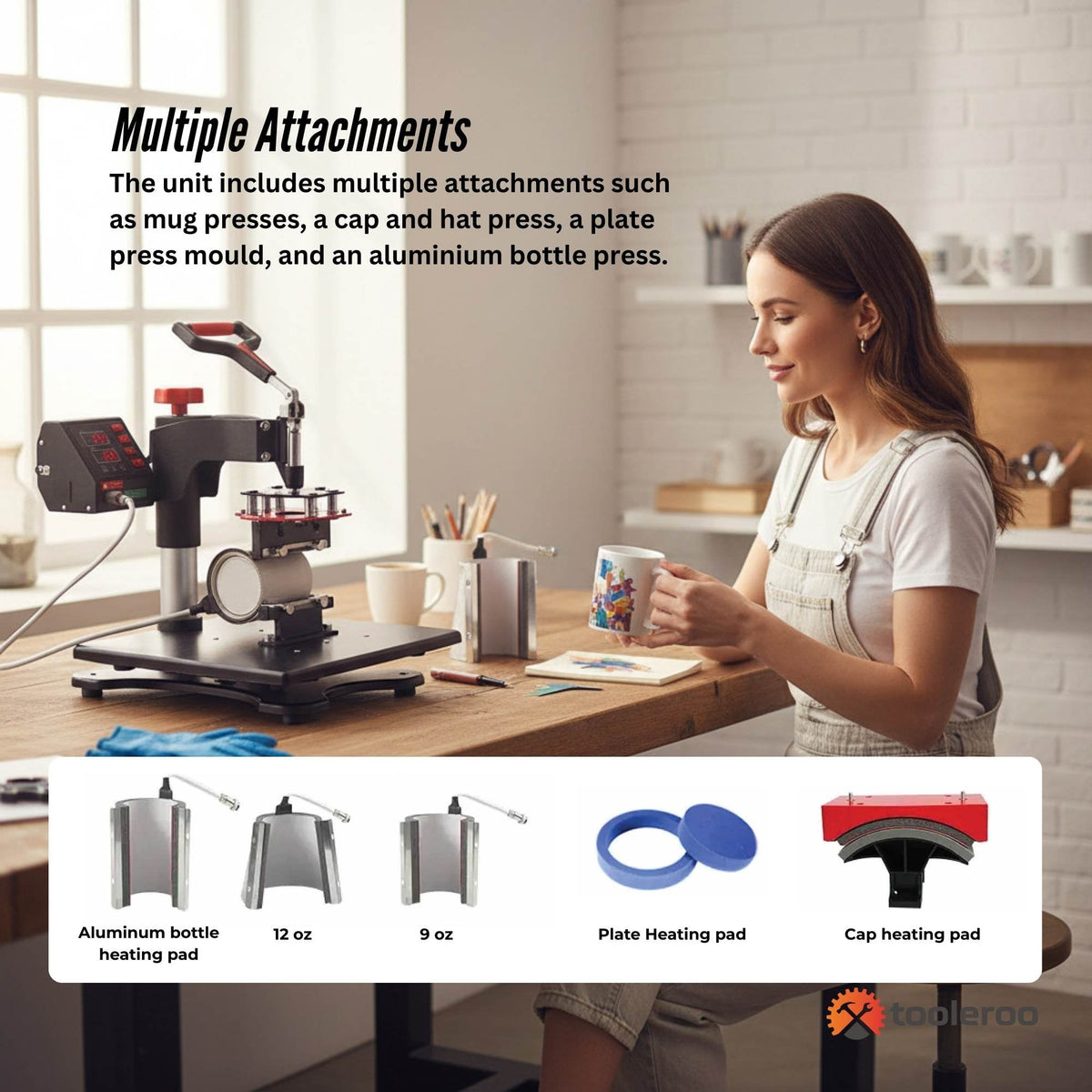 Woman using a heat press machine in a kitchen setting with product attachments displayed.