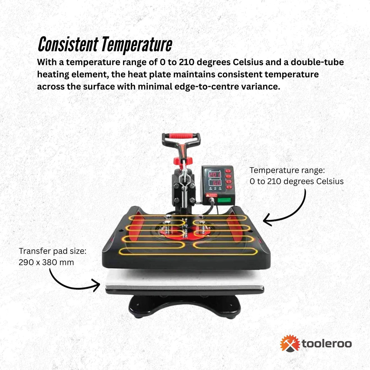 Heat press machine with text about consistent temperature and toolero branding