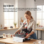 Woman operating a heat press machine in a home setting with text about its ease of use.