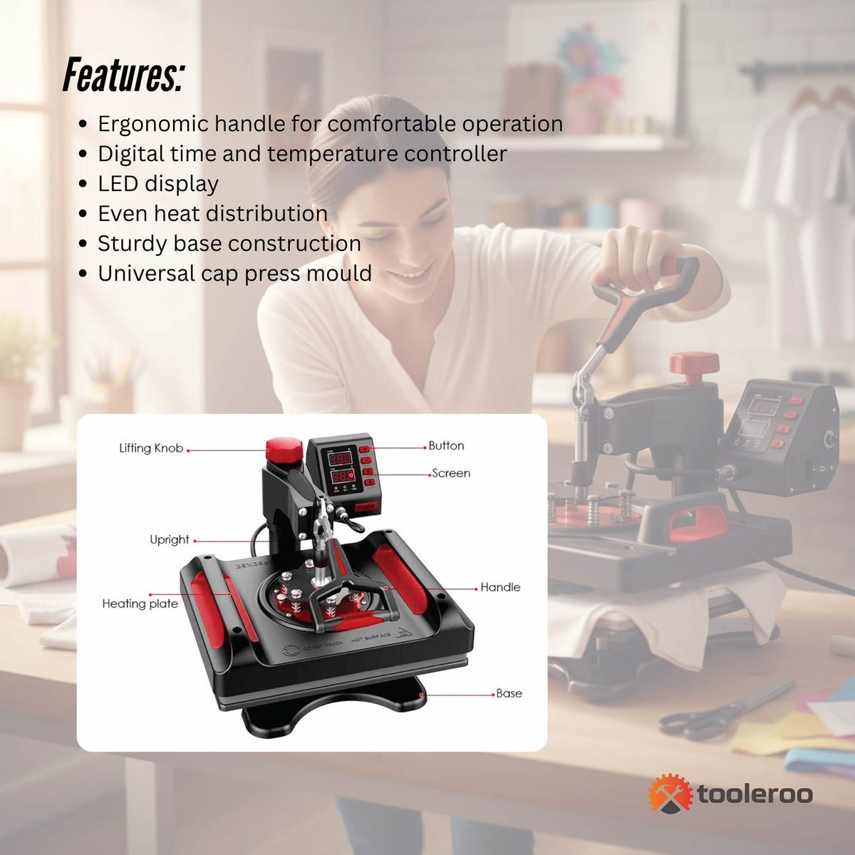 Heat press machine with features listed and a woman using it in the background.