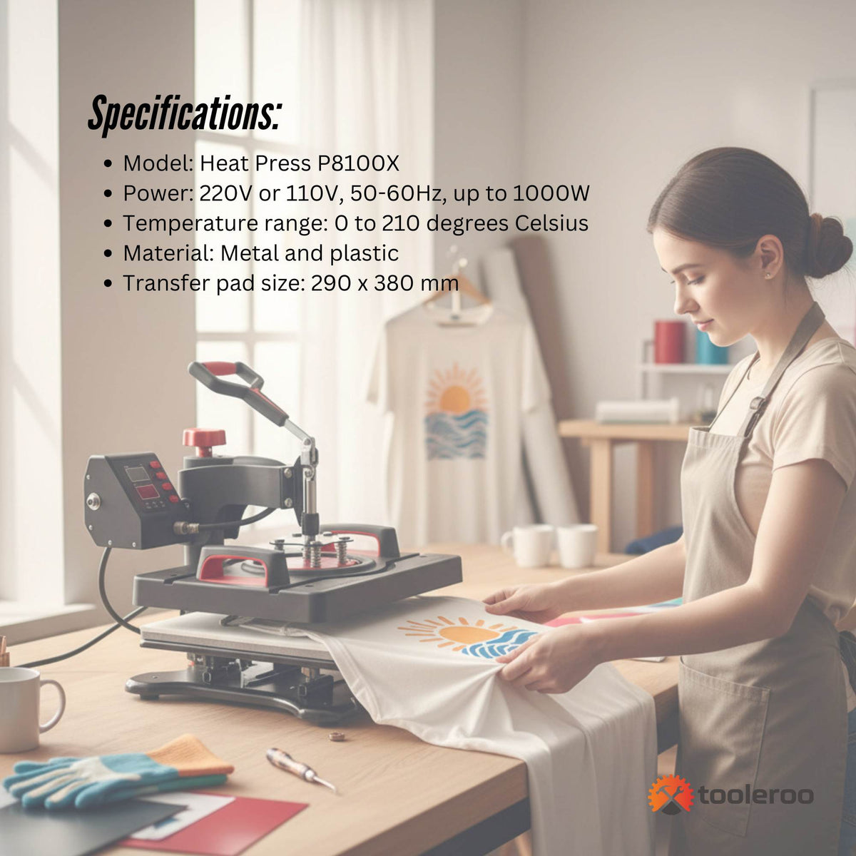 Woman using a heat press machine with product specifications displayed.