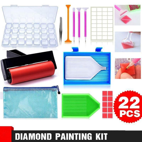 Collage of diamond painting tools and accessories with a '22 PCS' label.