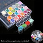 Clear plastic organizer with small compartments filled with colorful beads on a black background.