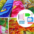 A collage showing colorful diamond painting or bead embroidery panels in progress, with a circular inset displaying the included tools and accessories: four colored pens, tweezers, a green brush, adhesive, a blue storage pouch, adhesive sheets, and a red grid sheet.