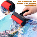 A hand holds a red and black diamond painting roller over a colorful canvas, with an inset circle showing a close-up of the roller and orange text reading 'THE PURPOSE OF THE ROLLER IS TO TIGHTEN THE DIAMOND'.