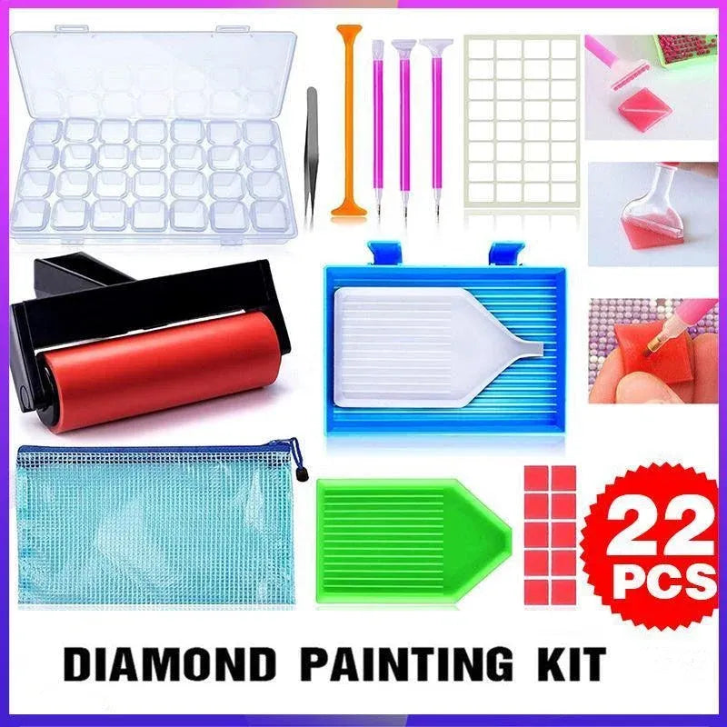 A 22-piece diamond painting kit collage showing all included tools and materials: a clear plastic nail color tray, tweezers, paintbrushes, grid templates, a red roller, a blue palette tray, a mesh pouch, a green brush, red paint pads, and small inset photos of use. Text at the bottom reads 'DIAMOND PAINTING KIT' with a red '22 PCS' badge.