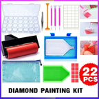 A 22-piece diamond painting kit collage showing all included tools and materials: a clear plastic nail color tray, tweezers, paintbrushes, grid templates, a red roller, a blue palette tray, a mesh pouch, a green brush, red paint pads, and small inset photos of use. Text at the bottom reads 'DIAMOND PAINTING KIT' with a red '22 PCS' badge.