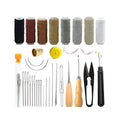 Assorted leatherworking tools and materials including thread spools, needles, and cutting tools on a white background.