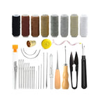Assorted leatherworking tools and materials including thread spools, needles, and cutting tools on a white background.