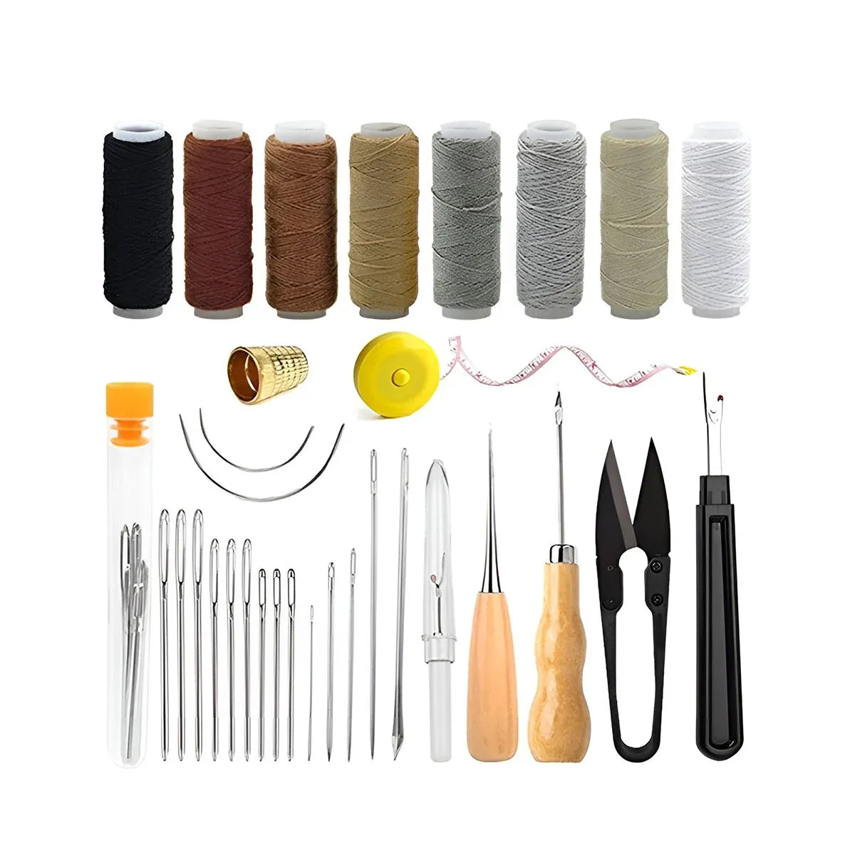 Assorted leatherworking tools and materials including thread spools, needles, and cutting tools on a white background.