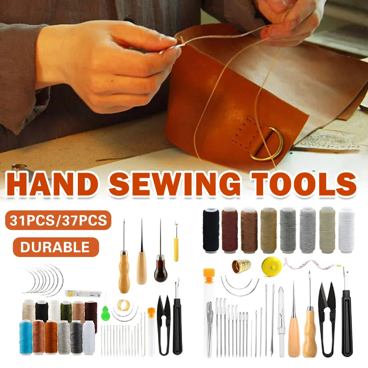 Hand sewing tools set with leatherwork in progress and text indicating product details.