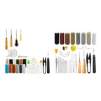 Collection of leatherworking tools and materials on a white background