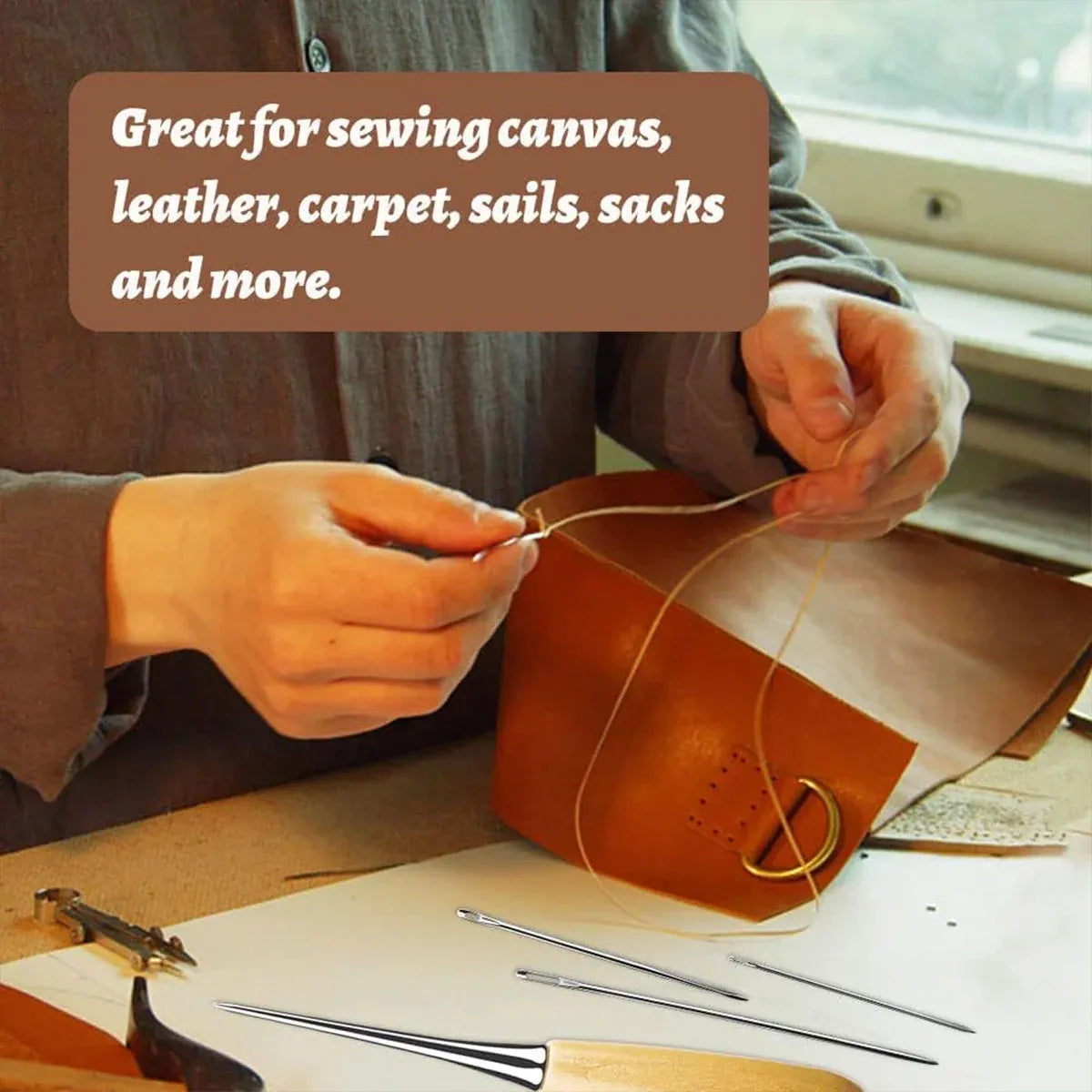 Person sewing a leather item with tools on a table, text overlay about materials.