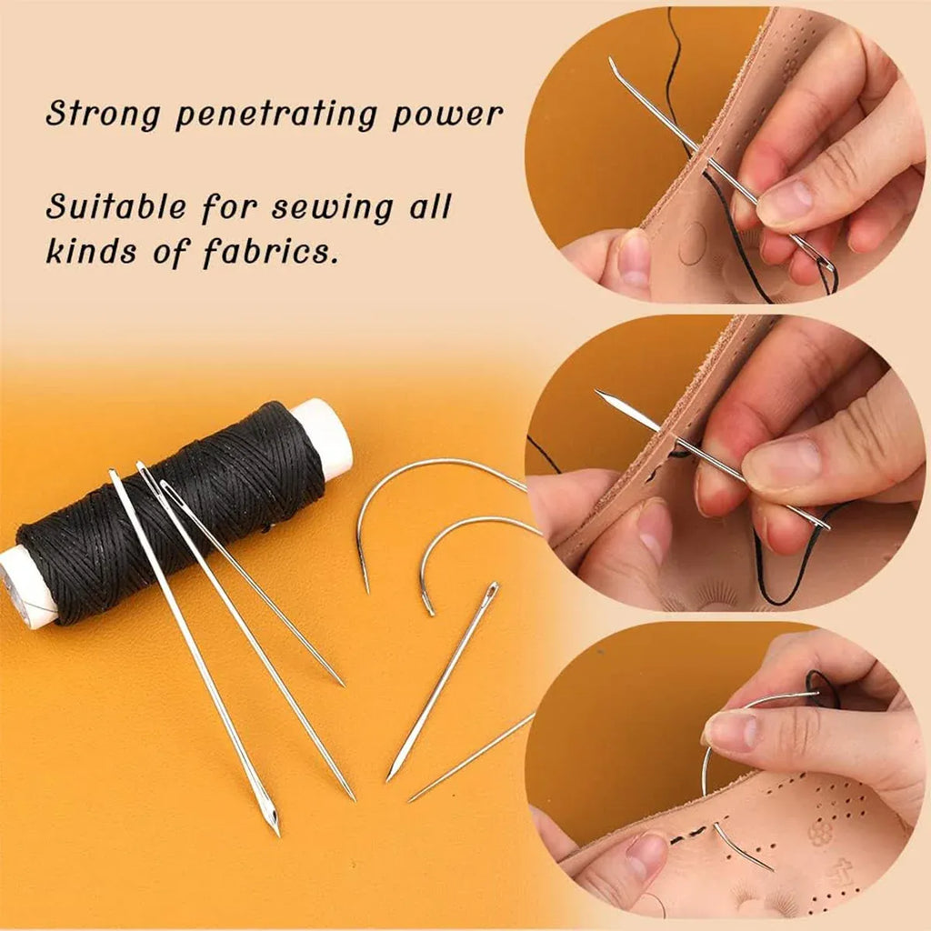 Sewing kit with needles and thread on a beige background, suitable for sewing various fabrics.