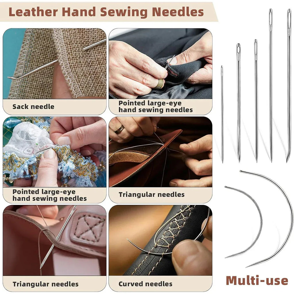 Collage of leather hand sewing needles with examples of use and types of needles.