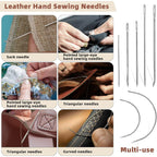 Collage of leather hand sewing needles with examples of use and types of needles.