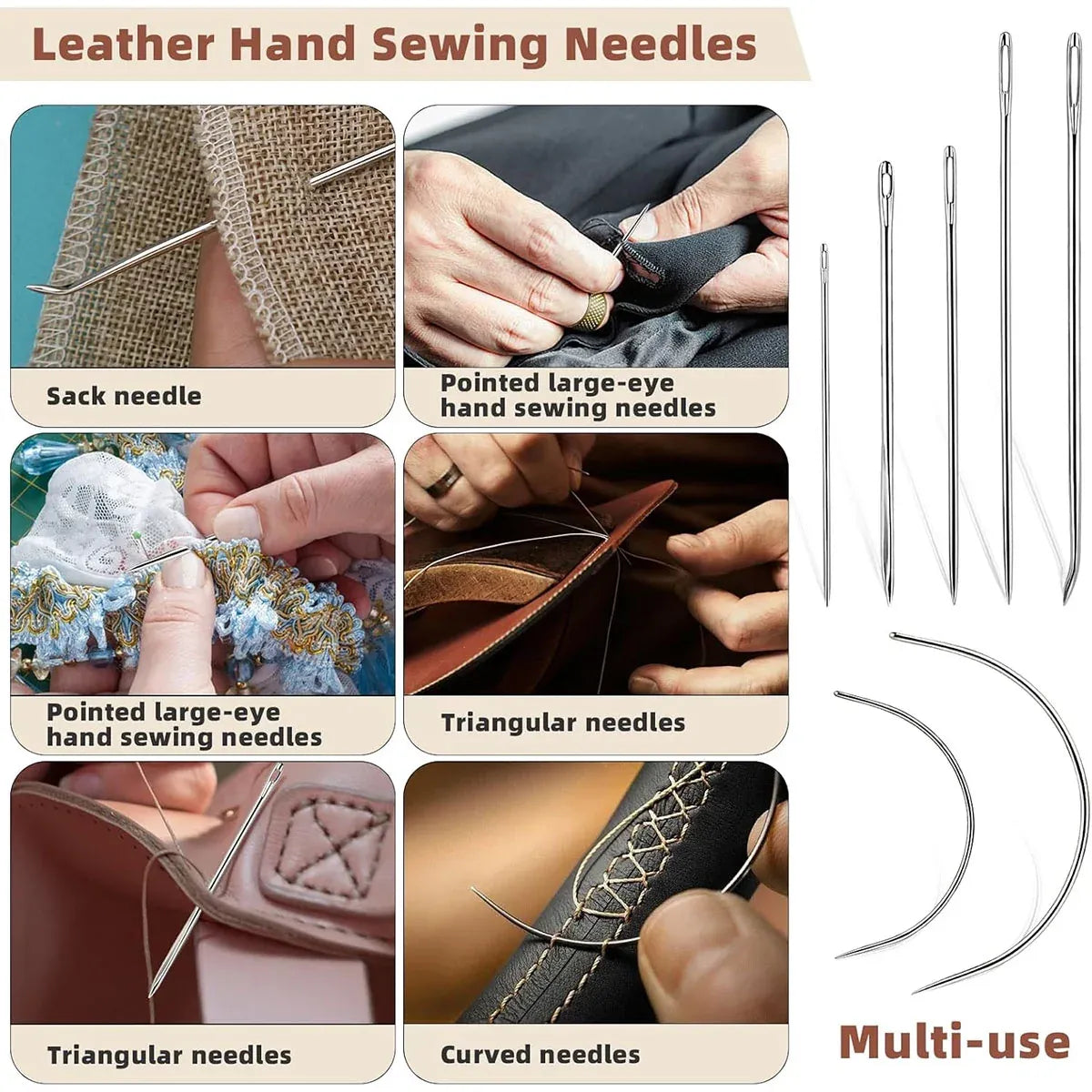 Collage of leather hand sewing needles with examples of use and types of needles.