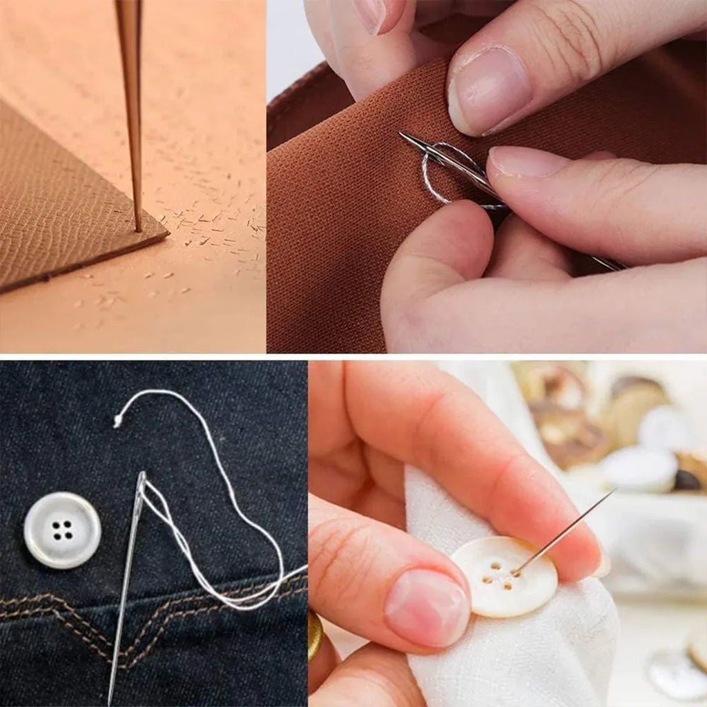 Collage of sewing activities including stitching fabric, buttoning a shirt, and threading a needle.