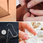 Collage of sewing activities including stitching fabric, buttoning a shirt, and threading a needle.