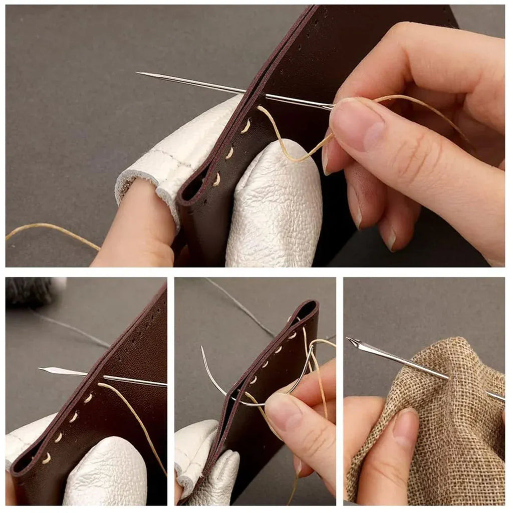 Step-by-step process of threading a needle with close-up shots.