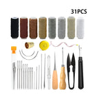 Assorted leatherworking tools and materials including thread spools, needles, and tools on a white background.