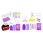 A multi-piece craft or hobby tool kit laid out on a plain white background, featuring purple plastic trays and molds, yellow and purple handled tools, white squeegee-like pieces, small zip pouches, and a red-and-black roller.