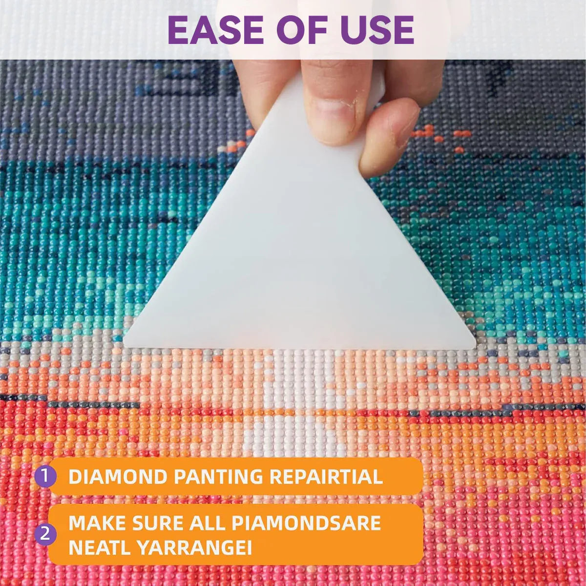 A hand holds a white triangular tool over a colorful diamond painting canvas with the text 'EASE OF USE' at the top and two orange numbered callouts at the bottom.