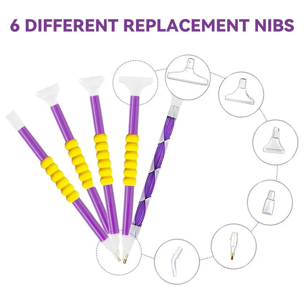 Six purple and yellow nail art replacement nubs with white tips arranged in a fan, plus circular callouts showing different attachment shapes. Purple text at the top reads '6 DIFFERENT REPLACEMENT NIBS'.