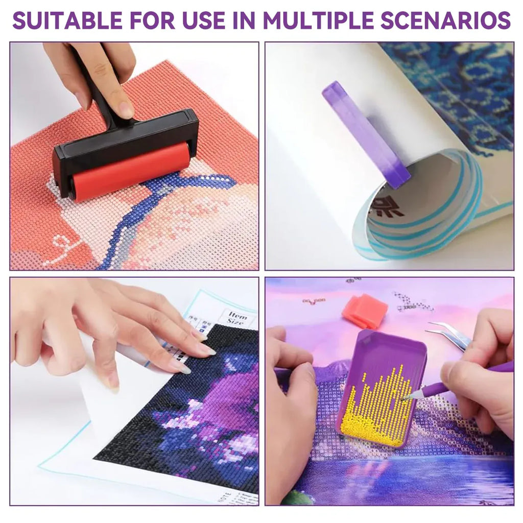 A 2x2 collage showing a diamond painting or cross-stitch style craft kit in use. The top-left panel shows a hand rolling a black and red ink roller over a canvas with a peach and blue pattern.