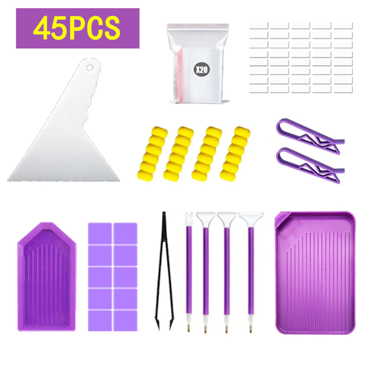 A 45-piece nail art and press-on nail kit laid out on a white background, including a white spatula, a small zip pouch labeled XPO, white adhesive stickers, yellow nail tips, purple nail clips, purple stickers, purple tools, and a purple tray.