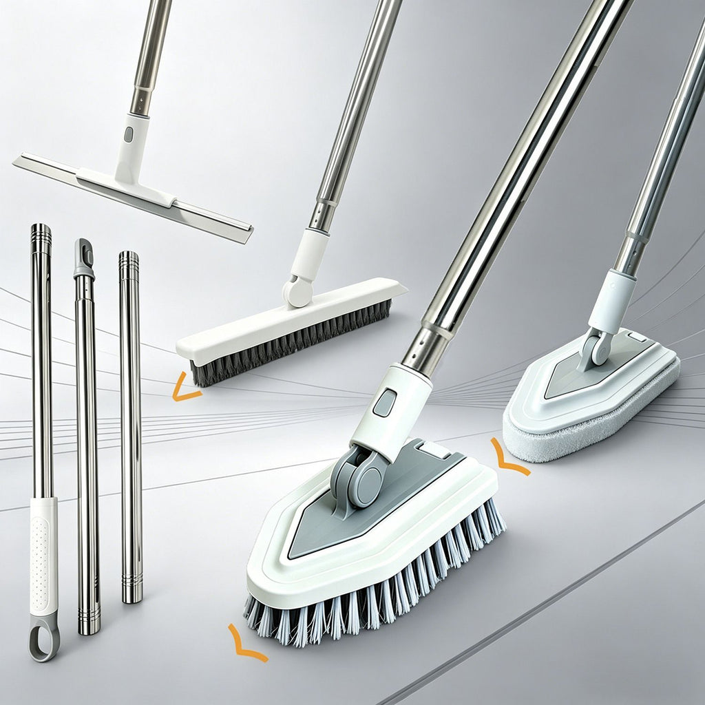 A set of flexible cleaning brushes and squeegees with long silver metal handles, white plastic joints, and gray bristles, shown on a light gray studio background with orange arrow accents indicating interchangeable heads