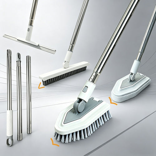 A set of flexible cleaning brushes and squeegees with long silver metal handles, white plastic joints, and gray bristles, shown on a light gray studio background with orange arrow accents indicating interchangeable heads