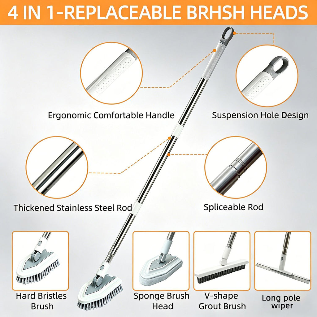 A promotional product diagram for a 4-in-1 replaceable BRHSH head broom set. The main image shows a long stainless steel broom handle with a brush head attached, surrounded by callout circles highlighting features such as an ergonomic handle, suspension hole design, thickened stainless steel rod, and spliceable ro
