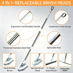 A promotional product diagram for a 4-in-1 replaceable BRHSH head broom set. The main image shows a long stainless steel broom handle with a brush head attached, surrounded by callout circles highlighting features such as an ergonomic handle, suspension hole design, thickened stainless steel rod, and spliceable ro