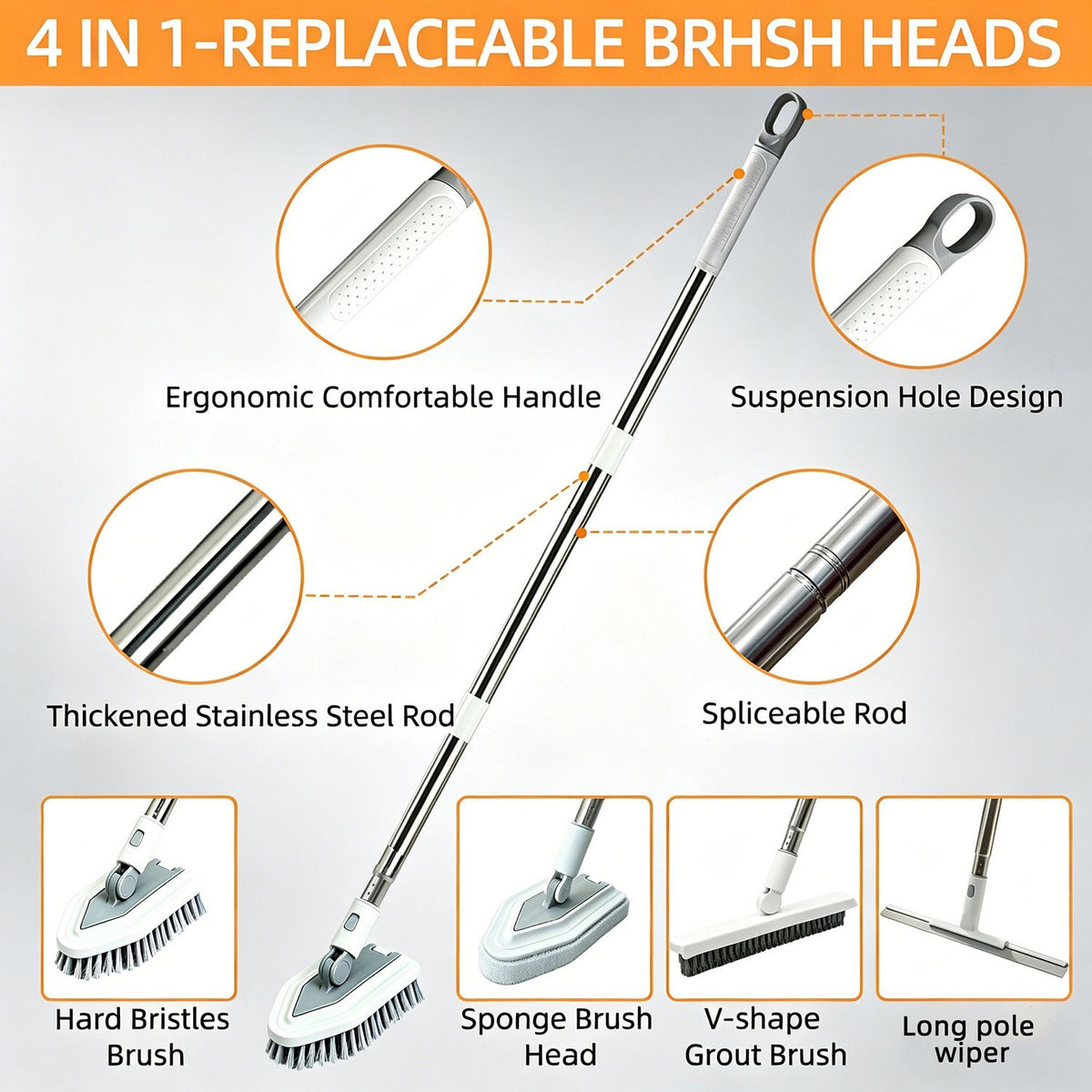 A promotional product diagram for a 4-in-1 replaceable BRHSH head broom set. The main image shows a long stainless steel broom handle with a brush head attached, surrounded by callout circles highlighting features such as an ergonomic handle, suspension hole design, thickened stainless steel rod, and spliceable ro