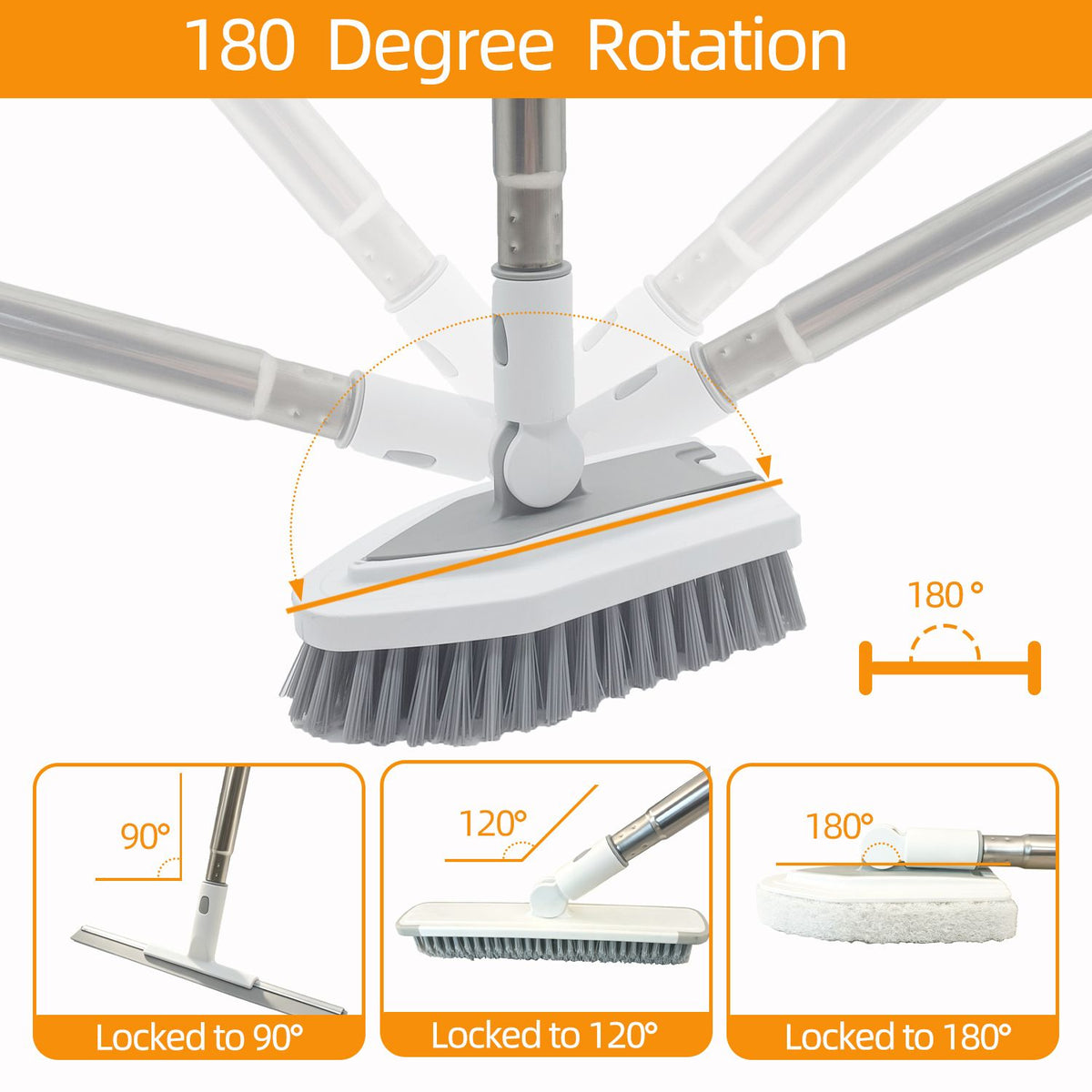 A cleaning brush attachment with a white head and gray bristles, shown with diagrammatic overlays explaining 180-degree rotation and lock angles of 90, 120, and 180 degrees on a white background with an orange header.