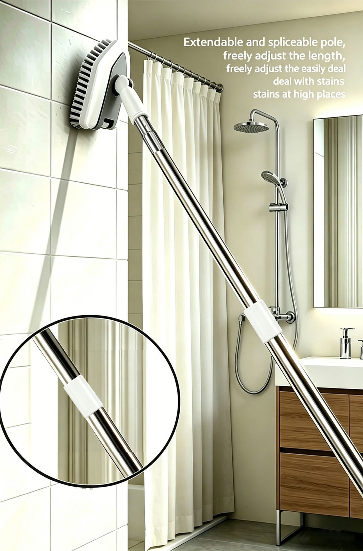 A wall-mounted shower brush with an extendable metal pole and white bristle head, shown cleaning a tiled bathroom wall. The image includes a circular inset highlighting the pole joint and text describing the extendable, splicable pole.
