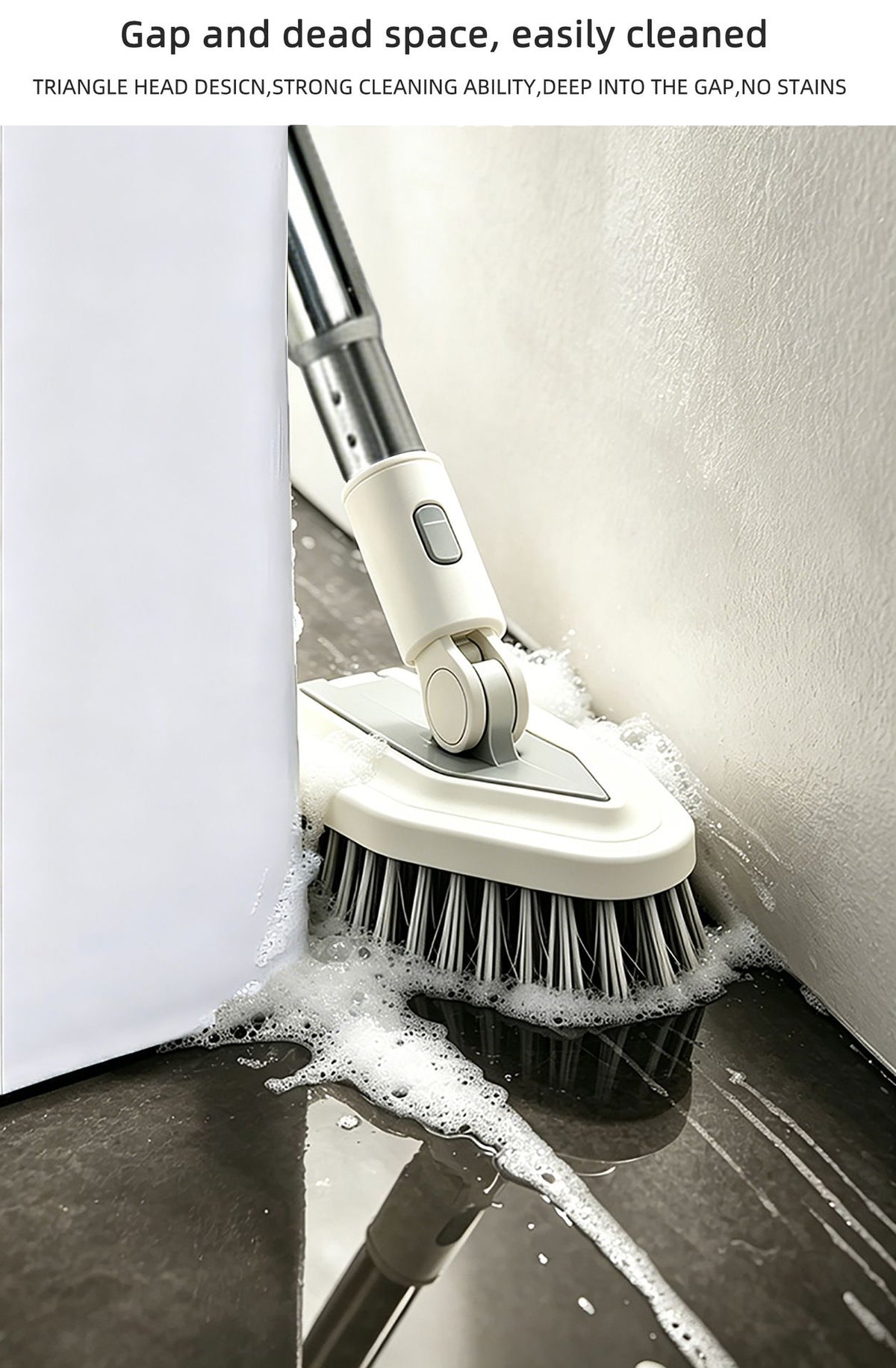 A close-up of a cleaning brush with a triangular head being used to clean the corner of a white cabinet and a dark countertop, with soapy foam visible. Text at the top describes the brush's cleaning advantages.