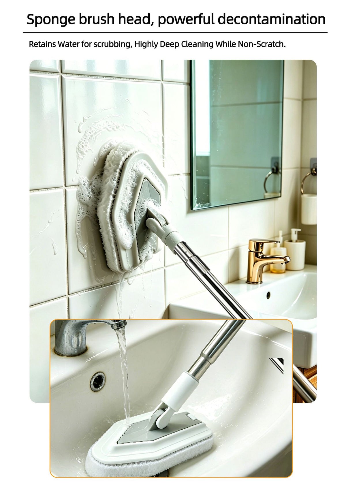 A wall-mounted sponge brush head cleaner with a long metal handle, shown scrubbing a tiled bathroom wall and then rinsing in a sink. Text at the top describes its powerful decontamination and water-retaining cleaning performance.

Details
