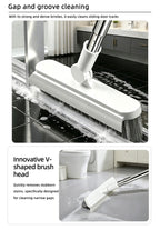 A cleaning tool shown in two inset photos on a light gray background, demonstrating use in a bathroom setting. The top photo shows a white rectangular cleaning head with dense bristles cleaning a glossy black tile gap.