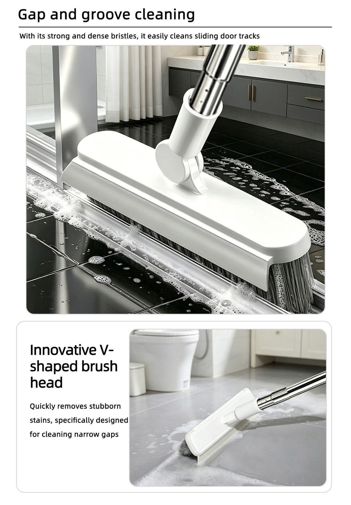 A cleaning tool shown in two inset photos on a light gray background, demonstrating use in a bathroom setting. The top photo shows a white rectangular cleaning head with dense bristles cleaning a glossy black tile gap.