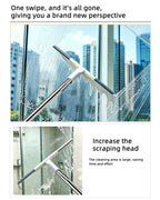 A promotional graphic for a window cleaning squeegee, showing two inset photos of the tool in use on a glass shower door and window with water streaks. Text at the top reads, 'One swipe, and it's all gone, giving you a brand new perspective,' and text at the bottom reads, 'Increase the scraping head' with additional cleaning-area text.